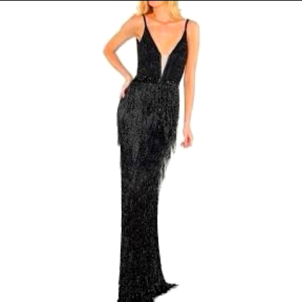 Mac Duggal Plunging-Neck Beaded Fringed Gown